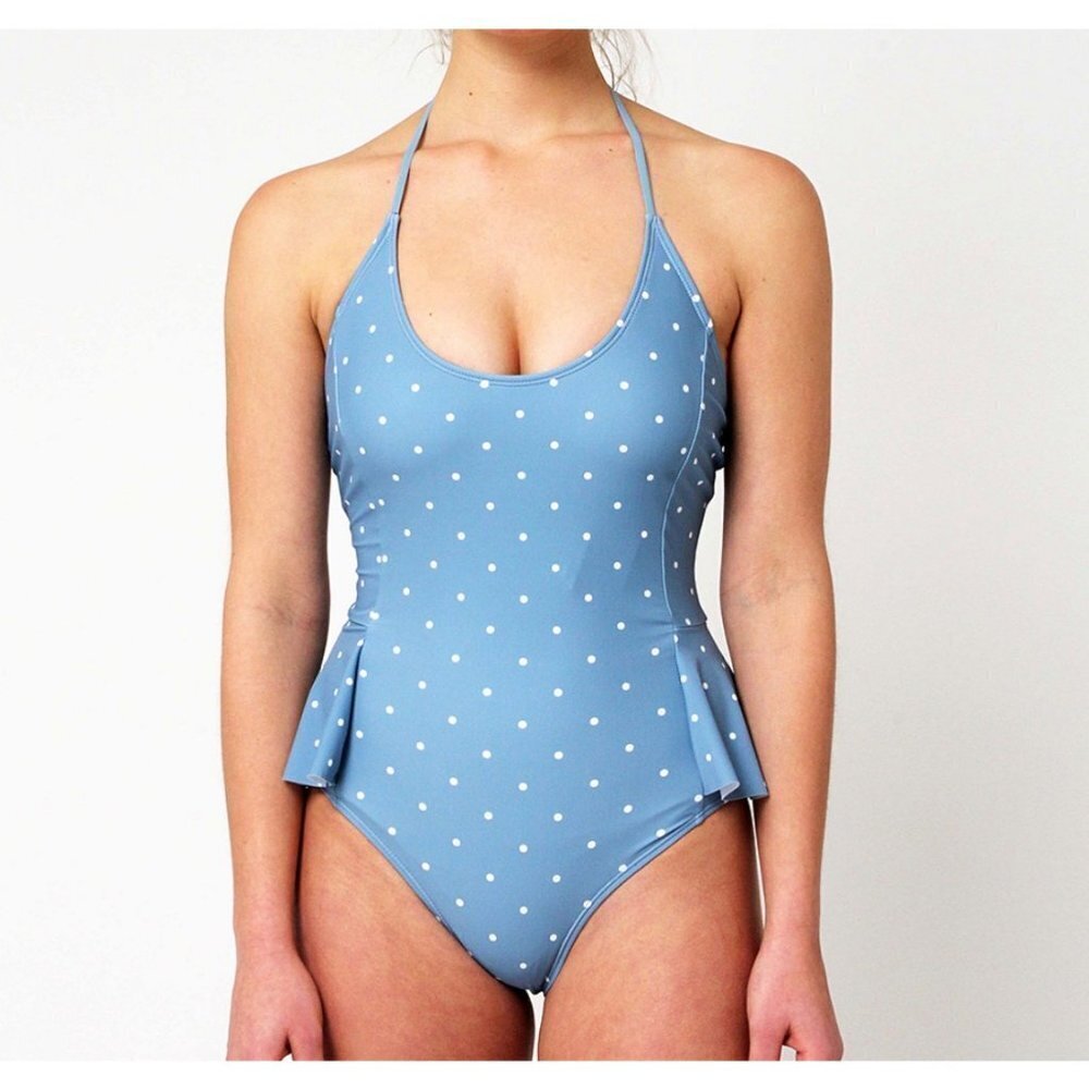 Vigoss | Blue & White Polka Dot Halter Peplum One-Piece Sz S